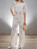 Embroidered Petal Sleeve Casual Hollow Lace Set