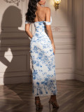 Sexy Off-Shoulder Print Backless Bodycon Long Dress