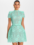 Round Neck Bow Tie Waist Lace Trimmed Sheer Bodycon Mini Dress