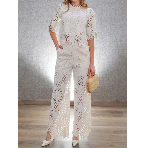 Embroidered Petal Sleeve Casual Hollow Lace Set