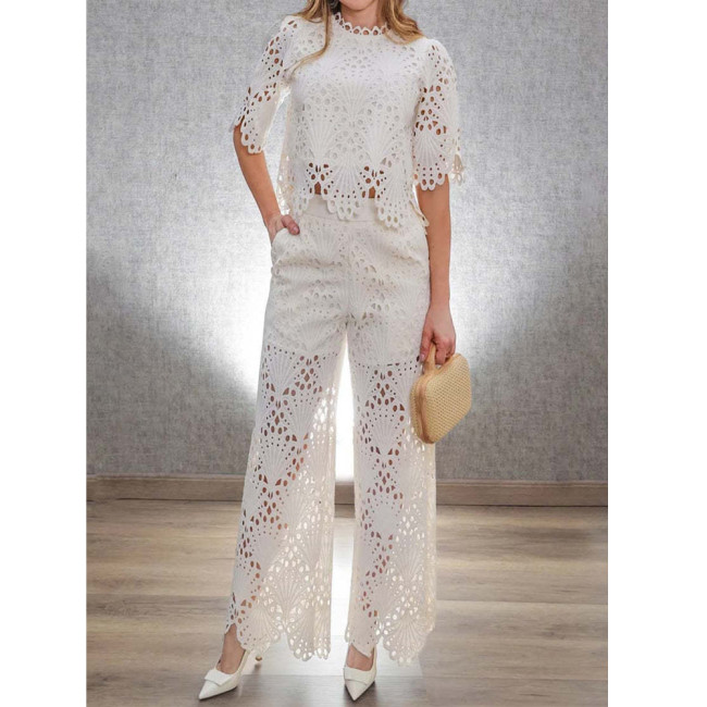 Embroidered Petal Sleeve Casual Hollow Lace Set