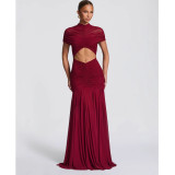 Ruched Hollow Out Slim-Fit High-Waisted Flared Long Dress