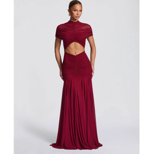 Ruched Hollow Out Slim-Fit High-Waisted Flared Long Dress