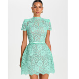 Round Neck Bow Tie Waist Lace Trimmed Sheer Bodycon Mini Dress