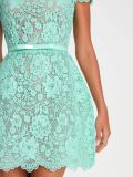 Round Neck Bow Tie Waist Lace Trimmed Sheer Bodycon Mini Dress