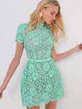 Round Neck Bow Tie Waist Lace Trimmed Sheer Bodycon Mini Dress
