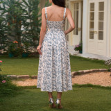 Split Thigh Pocket Floral Print Backless Neck Long Dress