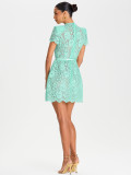 Round Neck Bow Tie Waist Lace Trimmed Sheer Bodycon Mini Dress