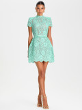 Round Neck Bow Tie Waist Lace Trimmed Sheer Bodycon Mini Dress