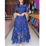 Lace Hollow Round Neck Long Waist-Defined Dress
