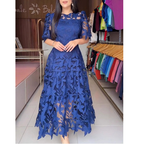 Lace Hollow Round Neck Long Waist-Defined Dress