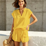 Solid Color V-Neck Casual Vacation Women’s Short Sleeve Top and Shorts Set