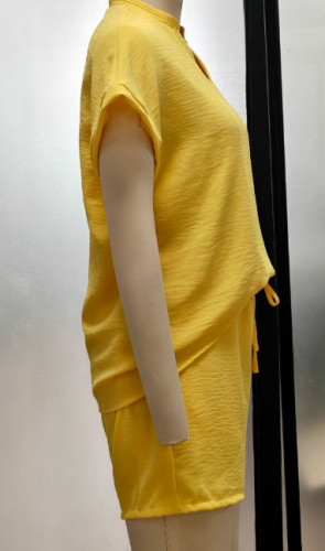 Solid Color V-Neck Casual Vacation Women’s Short Sleeve Top and Shorts Set