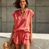 Solid Color V-Neck Casual Vacation Women’s Short Sleeve Top and Shorts Set