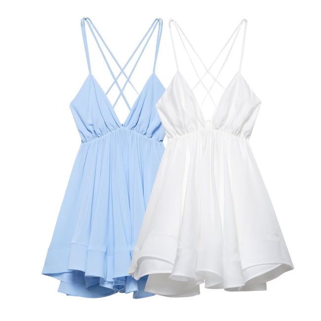 Backless V-Neck Spaghetti Strap Flared Mini Dress