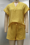 Solid Color V-Neck Casual Vacation Women’s Short Sleeve Top and Shorts Set