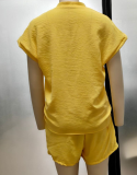 Solid Color V-Neck Casual Vacation Women’s Short Sleeve Top and Shorts Set