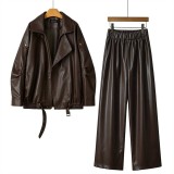 Casual Leather Jacket and Pants Set for Women