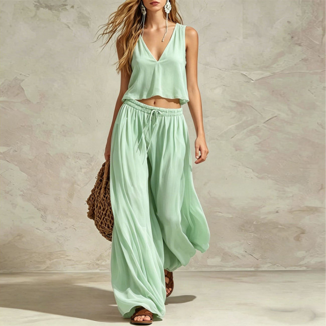 V-Neck Solid Color Sleeveless Top and Wide-Leg Pants Casual Set