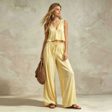 V-Neck Solid Color Sleeveless Top and Wide-Leg Pants Casual Set