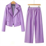 Fitted Leather Pants and Jacket Set for Women