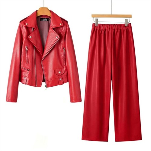 Fitted Leather Pants and Jacket Set for Women