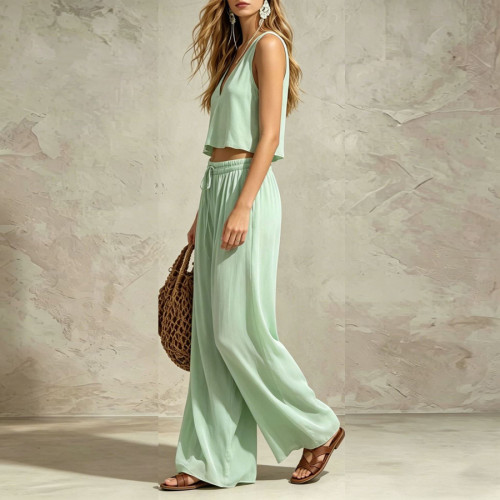 V-Neck Solid Color Sleeveless Top and Wide-Leg Pants Casual Set