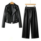 Fitted Leather Pants and Jacket Set for Women
