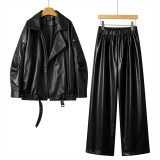 Casual Leather Jacket and Pants Set for Women