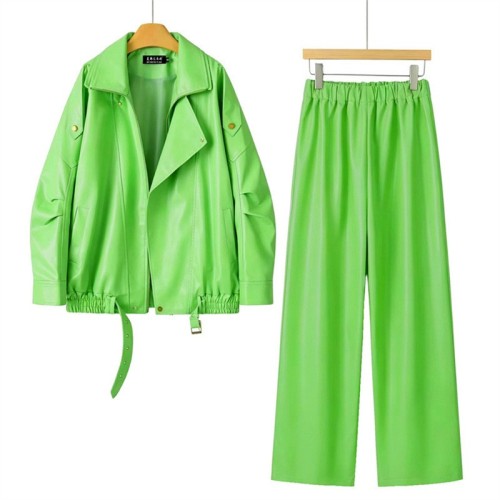 Casual Leather Jacket and Pants Set for Women