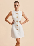 Sleeveless Round Neck Button-Down Solid Color Short Dress