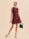 Sleeveless Round Neck Button-Down Solid Color Short Dress