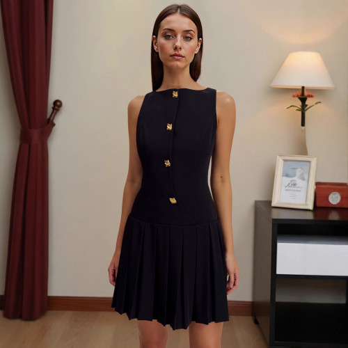 Wide Hem Pleated Waist Solid Color Sleeveless Short Dress