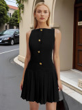 Wide Hem Pleated Waist Solid Color Sleeveless Short Dress