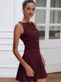 Wide Hem Pleated Waist Solid Color Sleeveless Short Dress