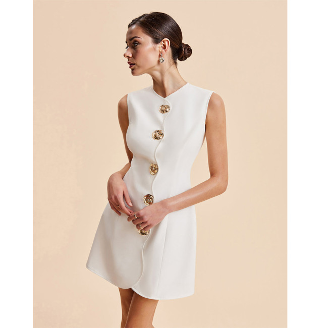 Sleeveless Round Neck Button-Down Solid Color Short Dress