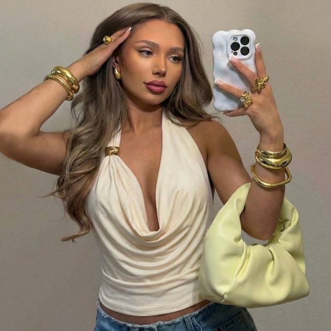 Fashionable Sexy Backless Solid Color Halter Crop Top