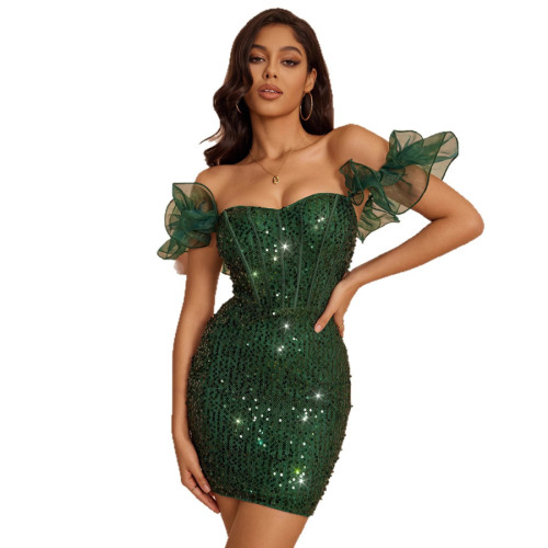 Ruffle short sleeves One Shoulder Sequin Bodycon Dress