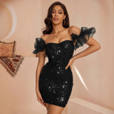 Ruffle short sleeves One Shoulder Sequin Bodycon Dress