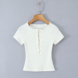 Vintage Pearl Button One-Shoulder Slim Fit Top