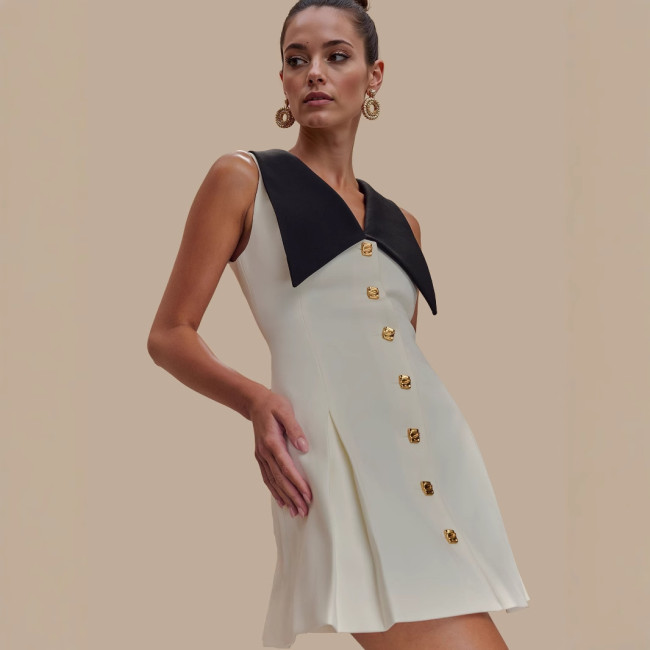 Chic Large Lapel Metal Button Waist Cinching Sleeveless Contrast Mini Dress