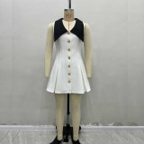 Chic Large Lapel Metal Button Waist Cinching Sleeveless Contrast Mini Dress