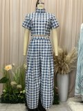 Blue and White Checkered High Neck Short Top and High-Waisted Wide-Leg Pants Set