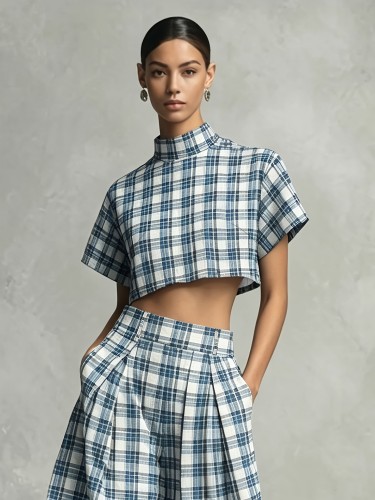 Blue and White Checkered High Neck Short Top and High-Waisted Wide-Leg Pants Set