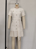 Apricot French Vintage Round Neck Tweed Buttoned Waist-Cinching Short Sleeve Pleated Dress