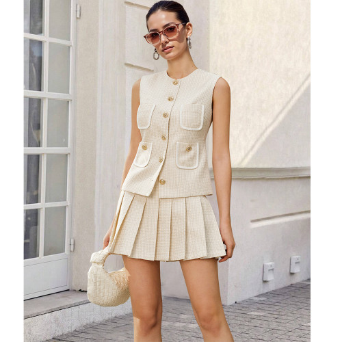 Chic Sleeveless Vest and Pleated Skirt Set