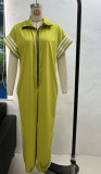 Unique Zipper Stand Collar Striped Color Block Fashion Jumpsuit