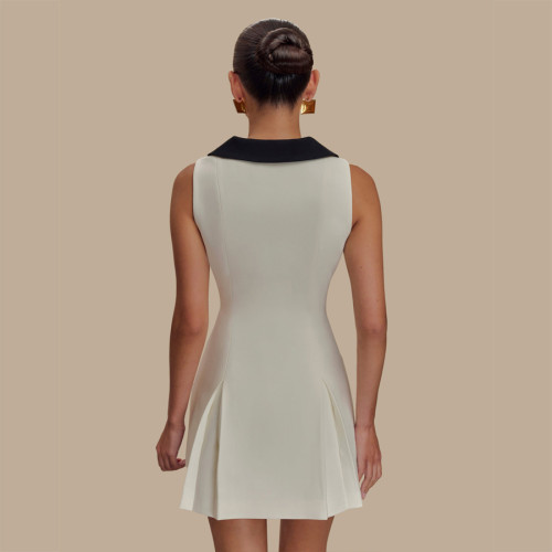 Chic Large Lapel Metal Button Waist Cinching Sleeveless Contrast Mini Dress