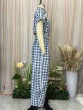 Blue and White Checkered High Neck Short Top and High-Waisted Wide-Leg Pants Set