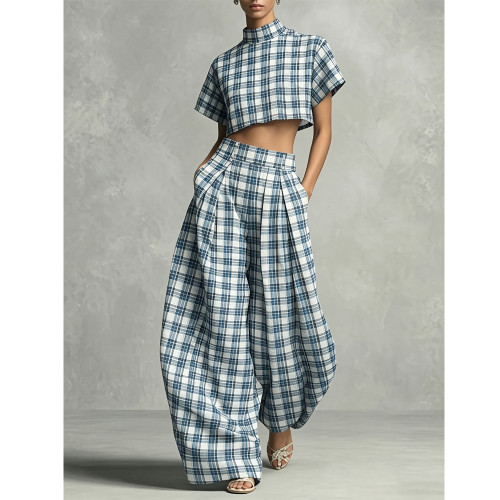 Blue and White Checkered High Neck Short Top and High-Waisted Wide-Leg Pants Set